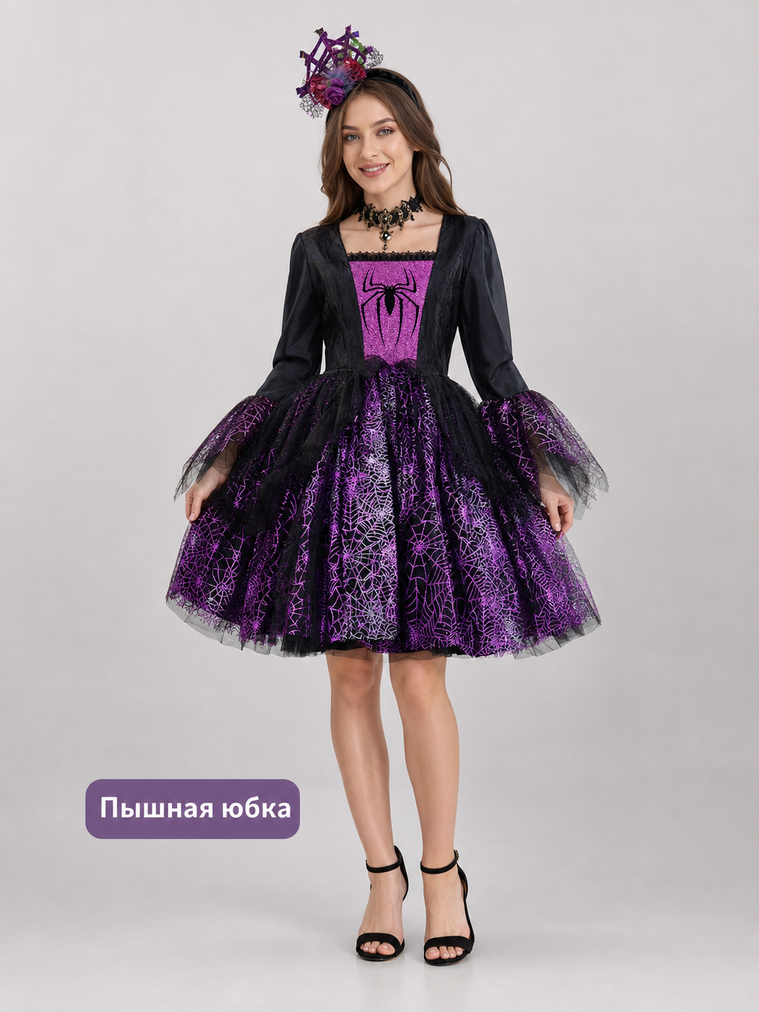 Girls' Halloween costume dress with spiderweb