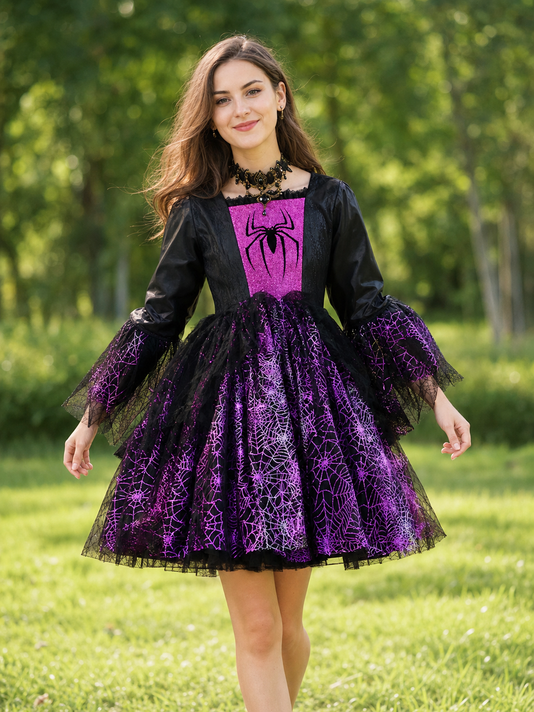 Girls' Halloween costume dress with spiderweb