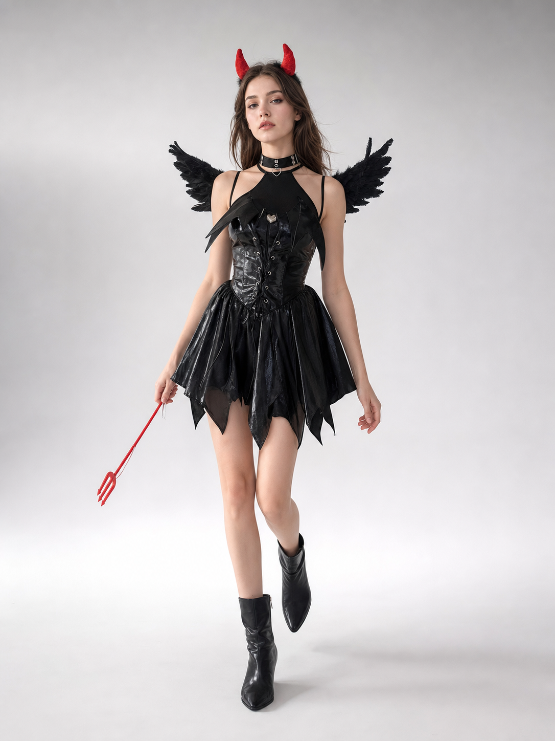 Devil costume, black mini dress, horns and choker