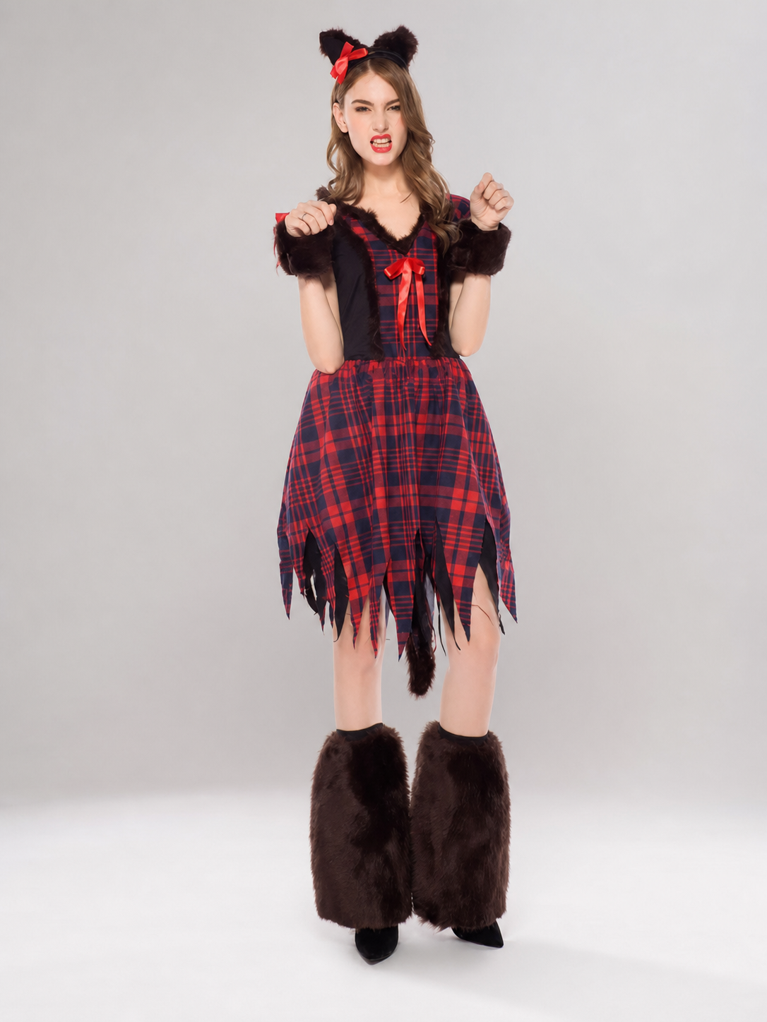 Catgirl Cosplay Costume with Ears and Fur Leg Warmers
