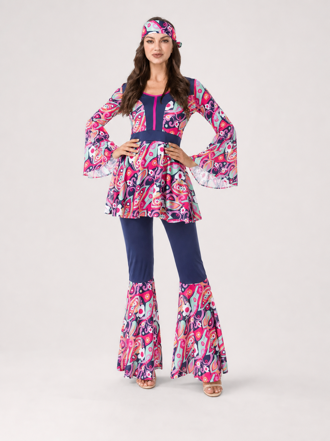 70s Retro Disco Costume with Headband and Flared Pants