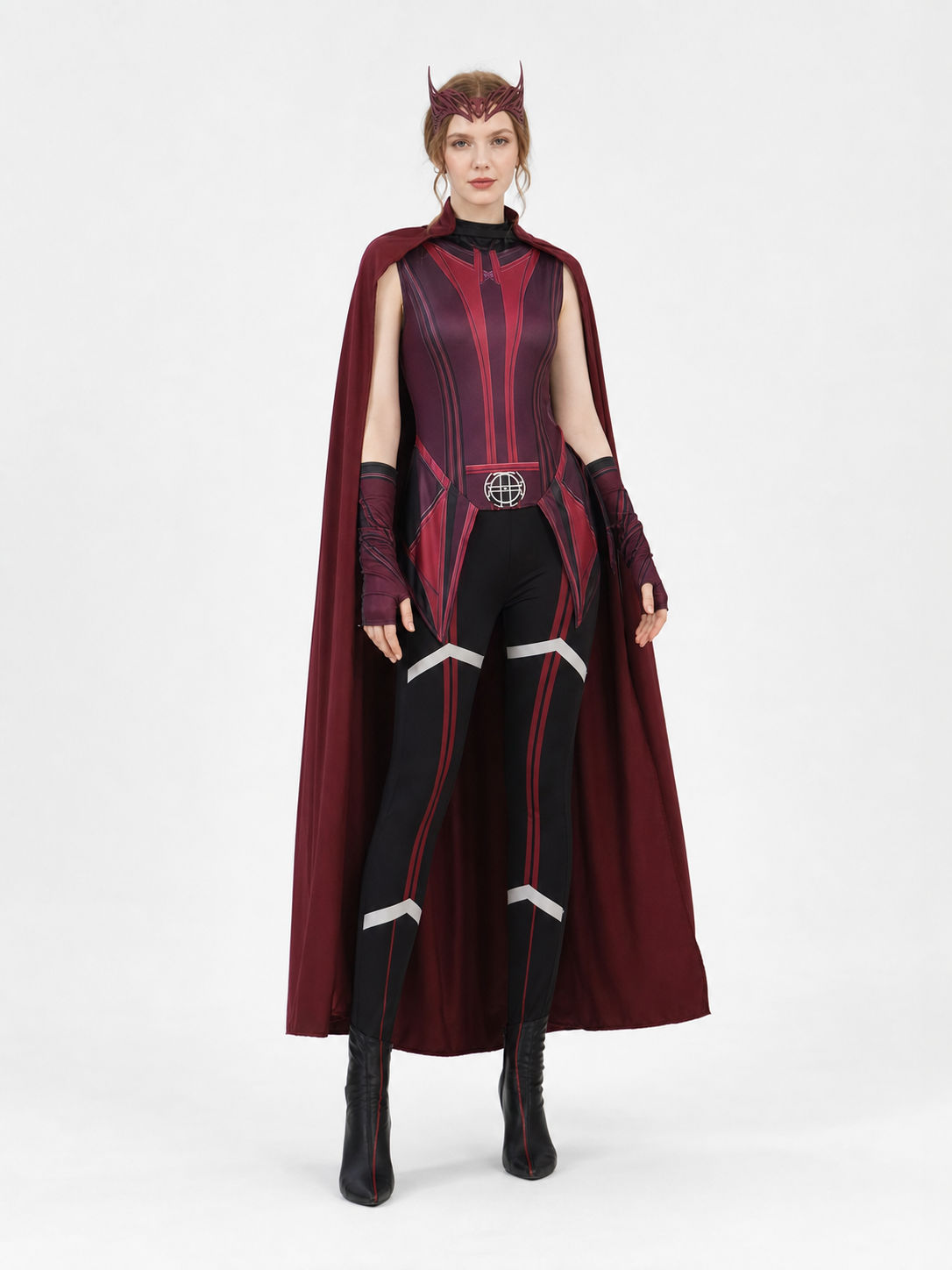 Scarlet Witch-style superhero costume with cape