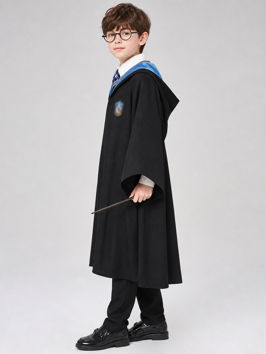 Wizard Costume with Robe, Hat, Glasses, and Scarf side view 3