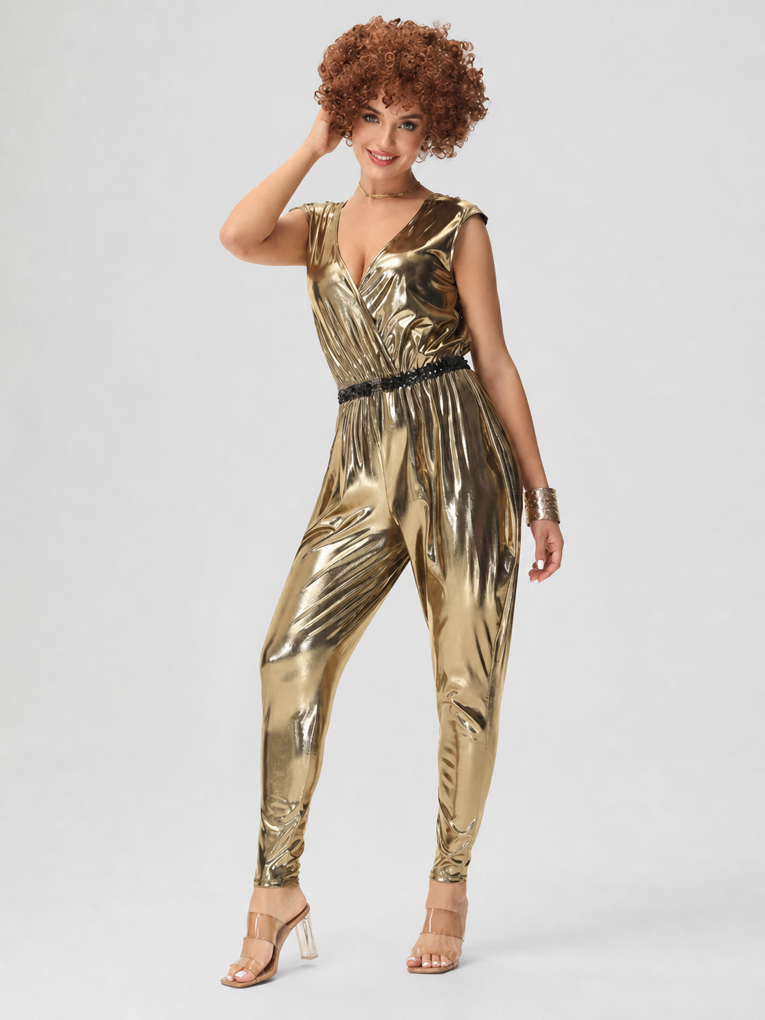 Disco jumpsuit with a deep neckline and open back