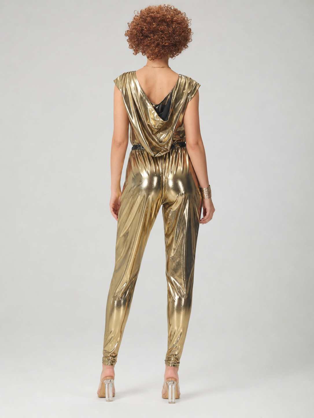 Disco jumpsuit with a deep neckline and open back