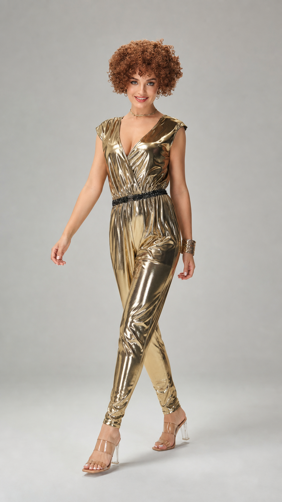 Disco jumpsuit with a deep neckline and open back