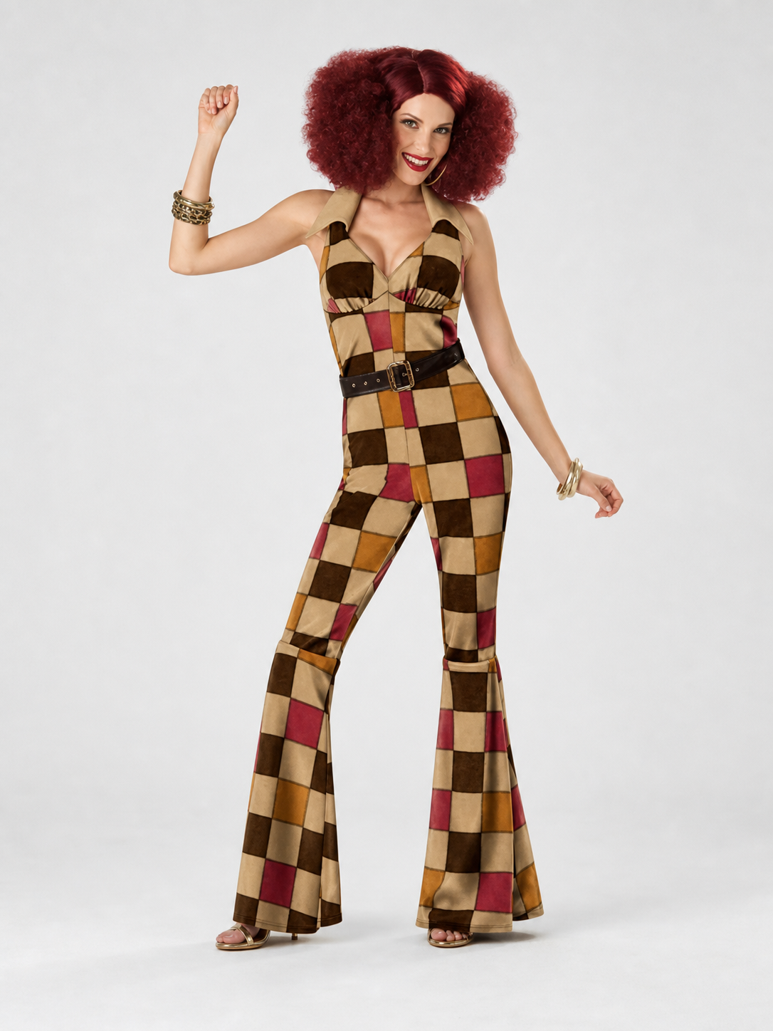 70s Disco-Style Plaid Jumpsuit with Belt