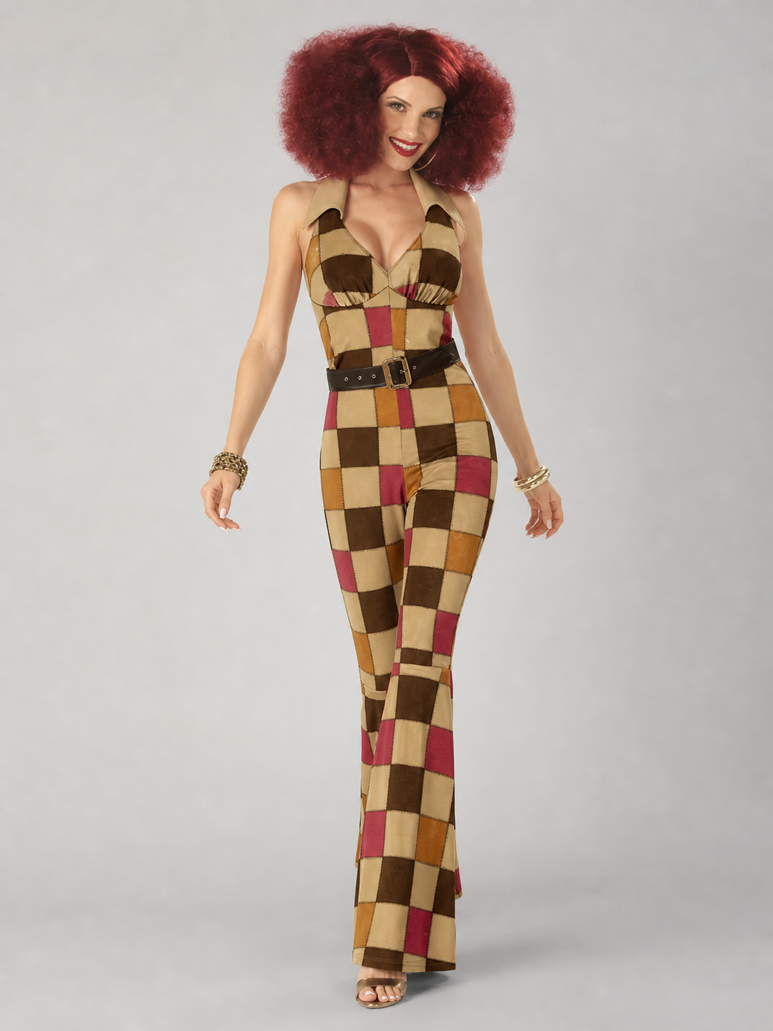 70s Disco-Style Plaid Jumpsuit with Belt