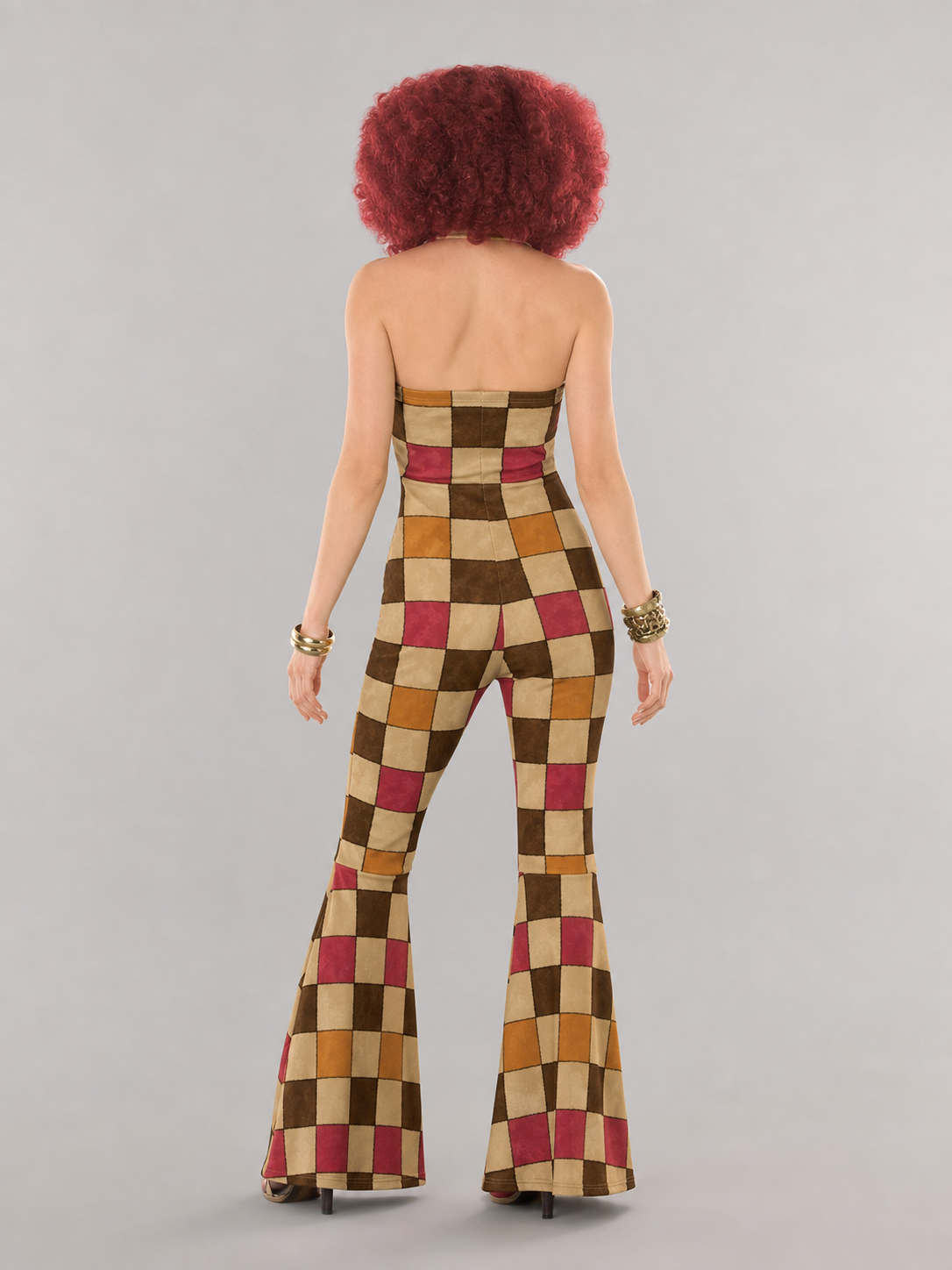 70s Disco-Style Plaid Jumpsuit with Belt