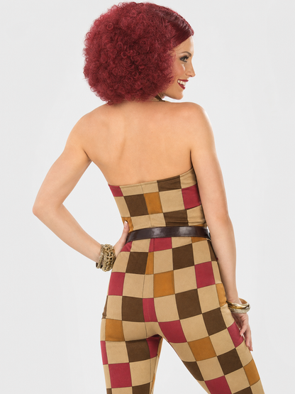 70s Disco-Style Plaid Jumpsuit with Belt