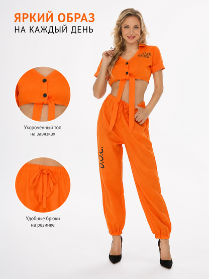 Orange Crop Top and Loose Pants Set