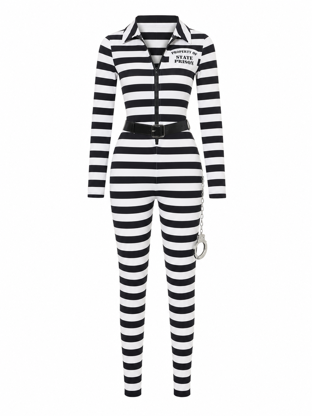 Striped jumpsuit costume with belt and handcuffs