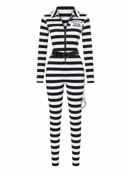 Striped jumpsuit costume with belt and handcuffs