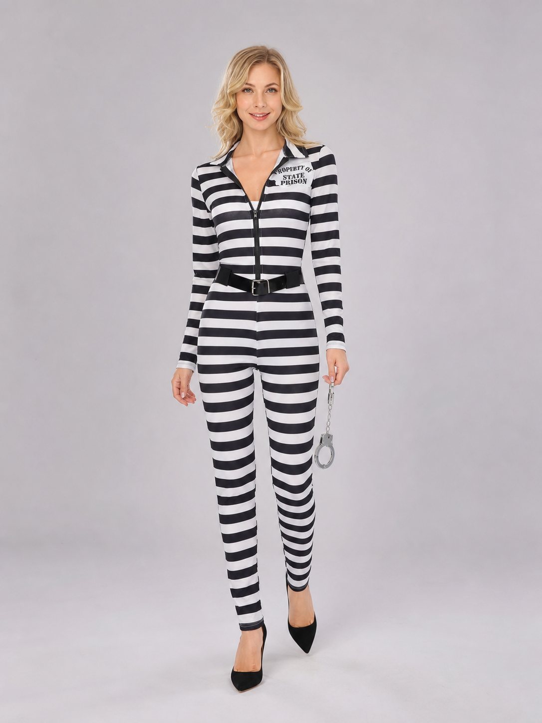 Striped jumpsuit costume with belt and handcuffs