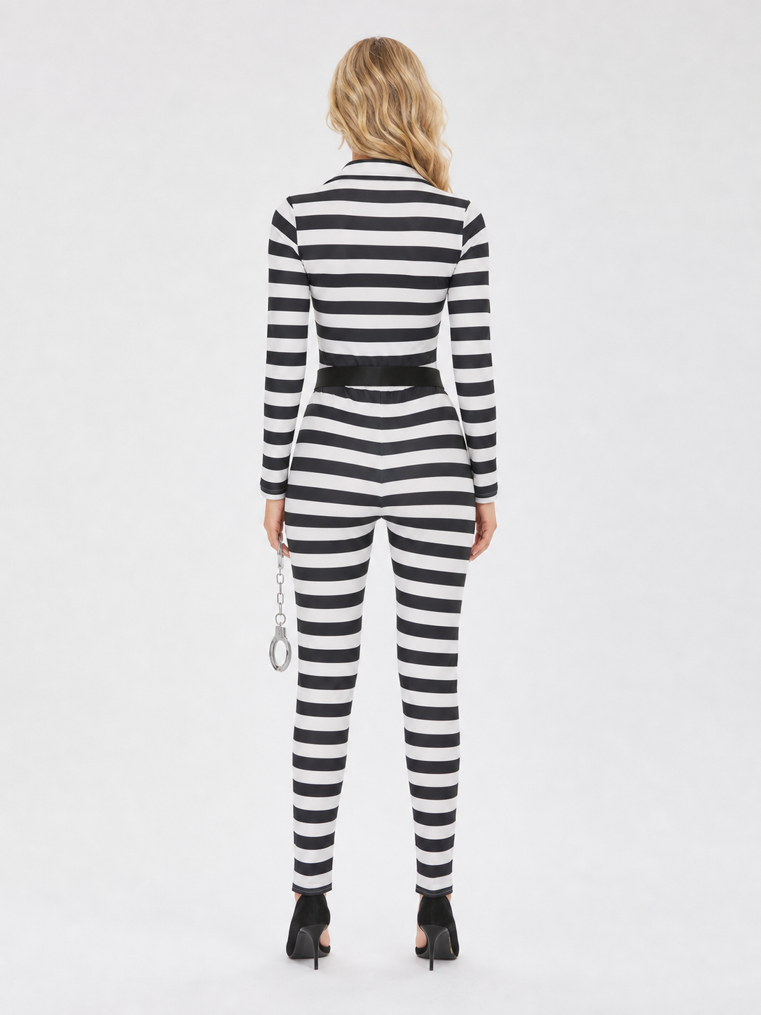 Striped jumpsuit costume with belt and handcuffs
