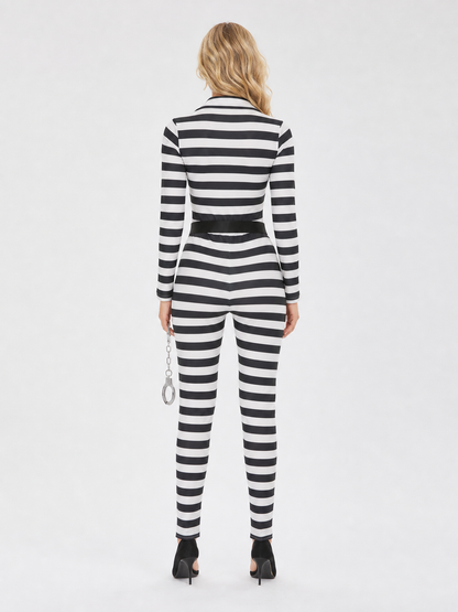 Striped jumpsuit costume with belt and handcuffs