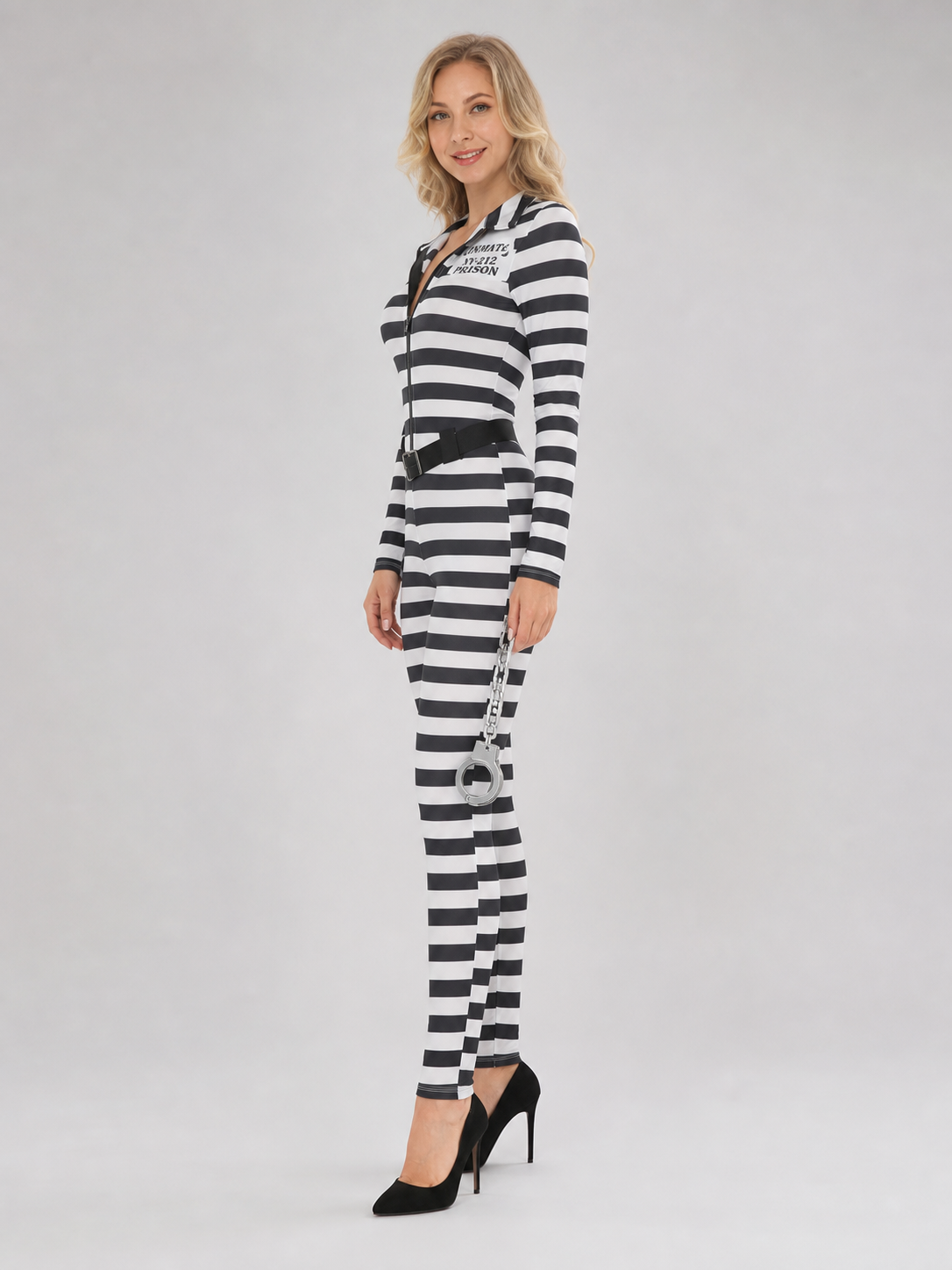 Striped jumpsuit costume with belt and handcuffs
