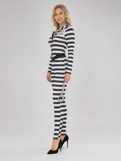 Striped jumpsuit costume with belt and handcuffs