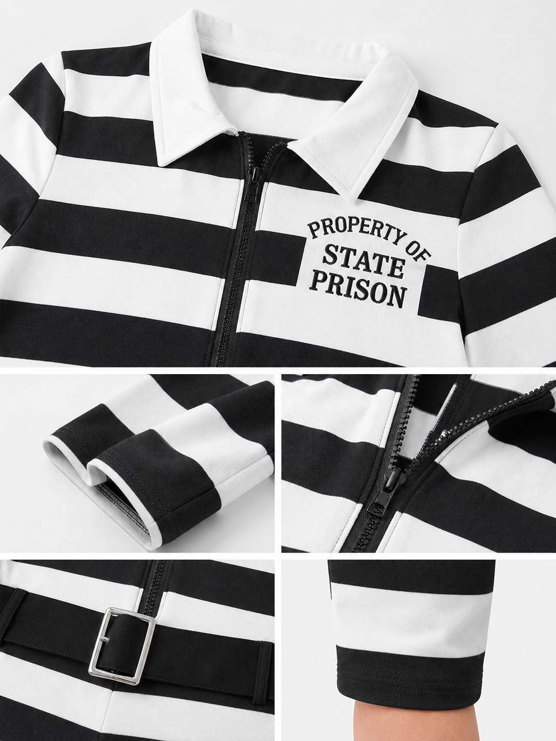 Striped jumpsuit costume with belt and handcuffs