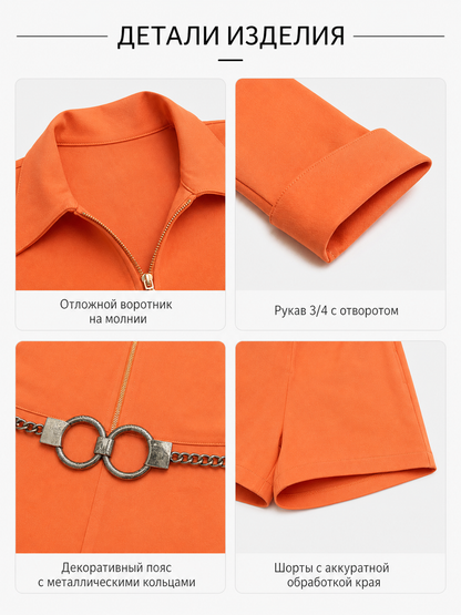 Orange short romper with zipper and belt