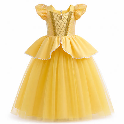 Girls Belle Princess Dress Beauty and the Beast Sequin Tulle Gown Kids Birthday Halloween Cosplay Party Dress - Color:A