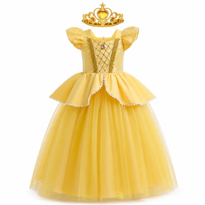 Girls Belle Princess Dress Beauty and the Beast Sequin Tulle Gown Kids Birthday Halloween Cosplay Party Dress - Color:C