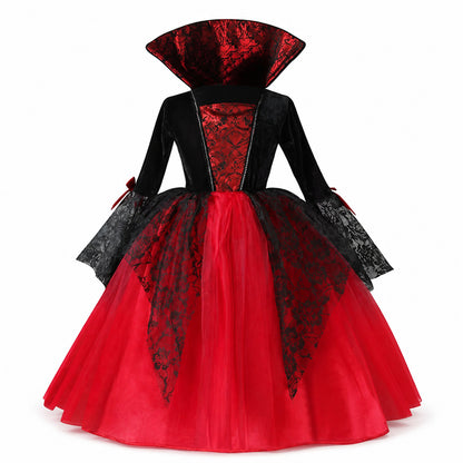 2025 Girls Cosplay Vampire Halloween Dress For Kids Ghost Bride Gothic Costume Count Vampiran Carnival Outfit Black Red Clothes - Color:2Pcs Set