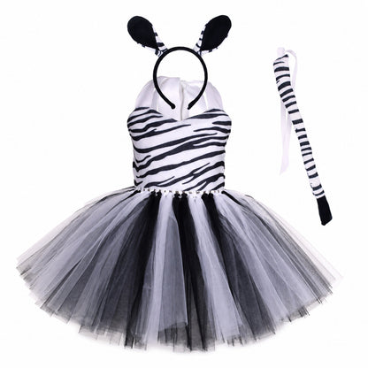 Baby Girls Halloween Animal Cosplay Costume Kids Forest Theme Giraffe Cows Tiger Leopard Zebra Print Tutu Dress Birthday Party - Color:6