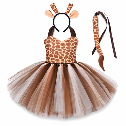 Baby Girls Halloween Animal Cosplay Costume Kids Forest Theme Giraffe Cows Tiger Leopard Zebra Print Tutu Dress Birthday Party - Color:2