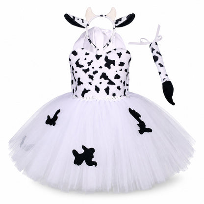 Baby Girls Halloween Animal Cosplay Costume Kids Forest Theme Giraffe Cows Tiger Leopard Zebra Print Tutu Dress Birthday Party - Color:1