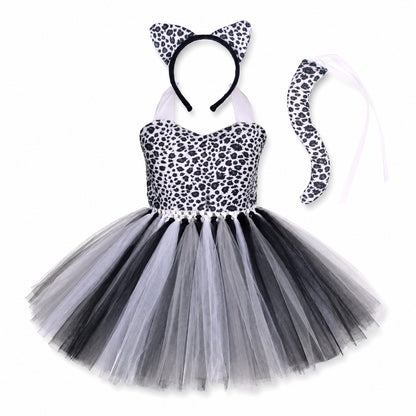 Baby Girls Halloween Animal Cosplay Costume Kids Forest Theme Giraffe Cows Tiger Leopard Zebra Print Tutu Dress Birthday Party - Color:4