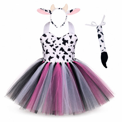 Baby Girls Halloween Animal Cosplay Costume Kids Forest Theme Giraffe Cows Tiger Leopard Zebra Print Tutu Dress Birthday Party - Color:3