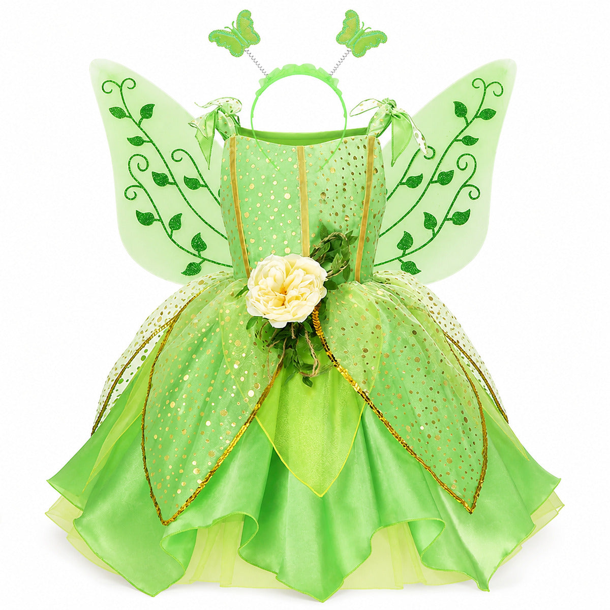 Girls' Green Forest Princess Dresses Fairy Elf Skirt Summer Glitter Mesh Princess Skirt Kid's Role Playing Performance Dress Set - Color:Fairy set 2