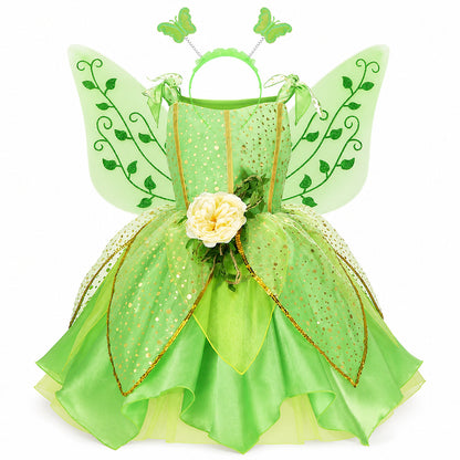 Girls' Green Forest Princess Dresses Fairy Elf Skirt Summer Glitter Mesh Princess Skirt Kid's Role Playing Performance Dress Set - Color:Fairy set 2