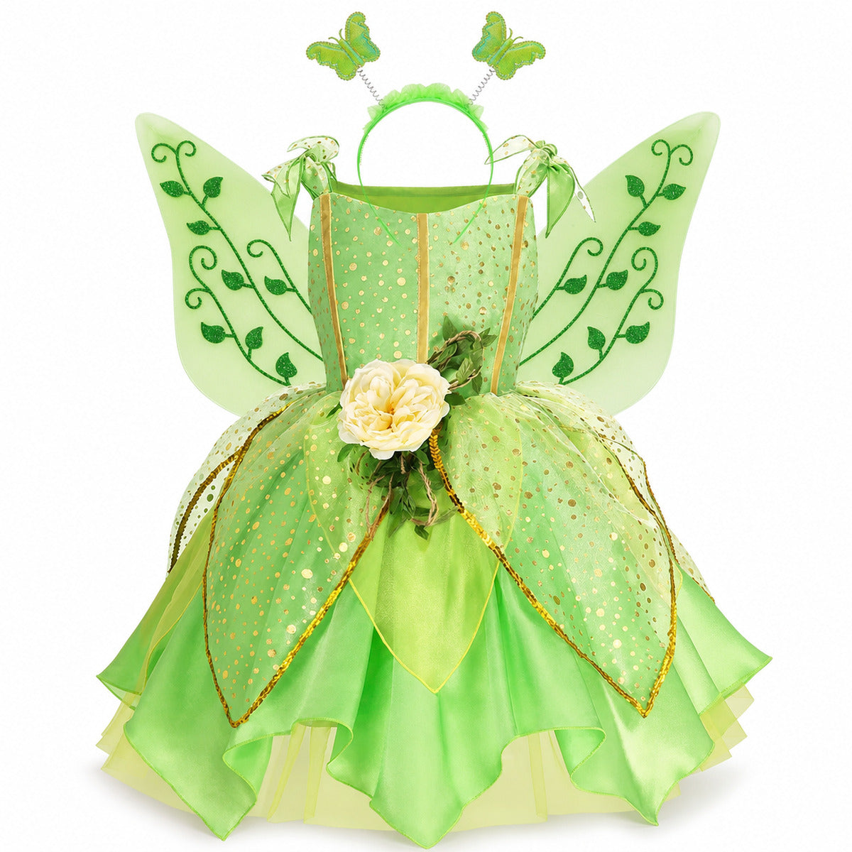 Girls' Green Forest Princess Dresses Fairy Elf Skirt Summer Glitter Mesh Princess Skirt Kid's Role Playing Performance Dress Set - Color:Fairy set 3