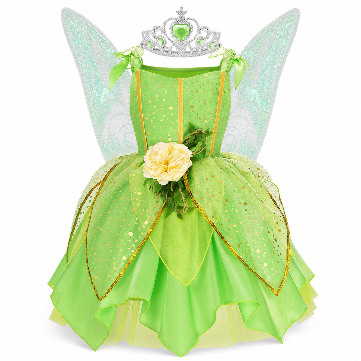 Girls' Green Forest Princess Dresses Fairy Elf Skirt Summer Glitter Mesh Princess Skirt Kid's Role Playing Performance Dress Set - Color:Fairy set 5