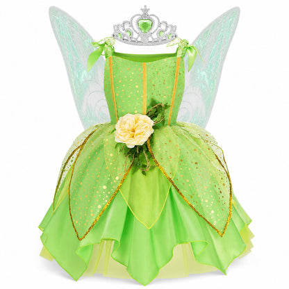 Girls' Green Forest Princess Dresses Fairy Elf Skirt Summer Glitter Mesh Princess Skirt Kid's Role Playing Performance Dress Set - Color:Fairy set 5