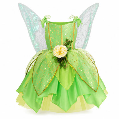 Girls' Green Forest Princess Dresses Fairy Elf Skirt Summer Glitter Mesh Princess Skirt Kid's Role Playing Performance Dress Set - Color:Fairy set 4