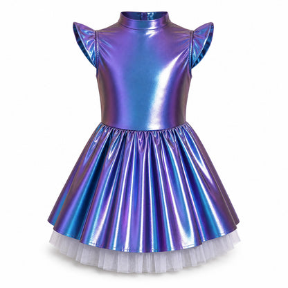 Children Girls Shiny Halloween Alien Cosplay Fancy Costume Space Robot Astronaut Galaxy Warrior Dress Up Leotards Tutu Dress - Color:Colorful