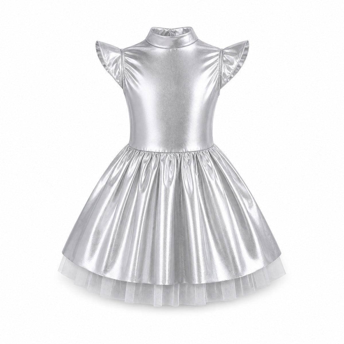 Children Girls Shiny Halloween Alien Cosplay Fancy Costume Space Robot Astronaut Galaxy Warrior Dress Up Leotards Tutu Dress - Color:Silver