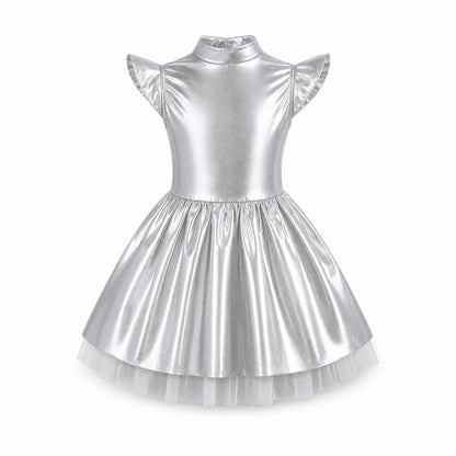 Children Girls Shiny Halloween Alien Cosplay Fancy Costume Space Robot Astronaut Galaxy Warrior Dress Up Leotards Tutu Dress - Color:Silver