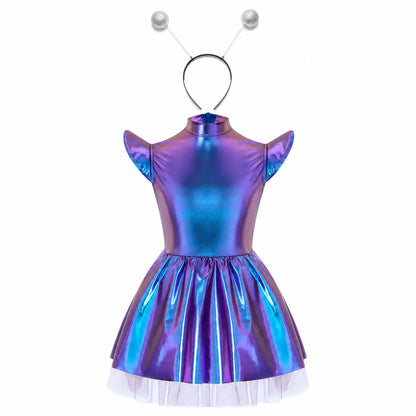 Children Girls Shiny Halloween Alien Cosplay Fancy Costume Space Robot Astronaut Galaxy Warrior Dress Up Leotards Tutu Dress - Color:Colorful Silver A
