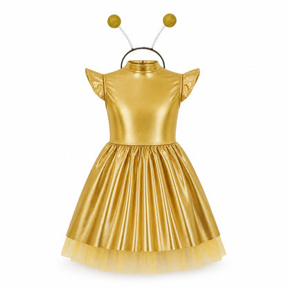 Children Girls Shiny Halloween Alien Cosplay Fancy Costume Space Robot Astronaut Galaxy Warrior Dress Up Leotards Tutu Dress - Color:Gold A