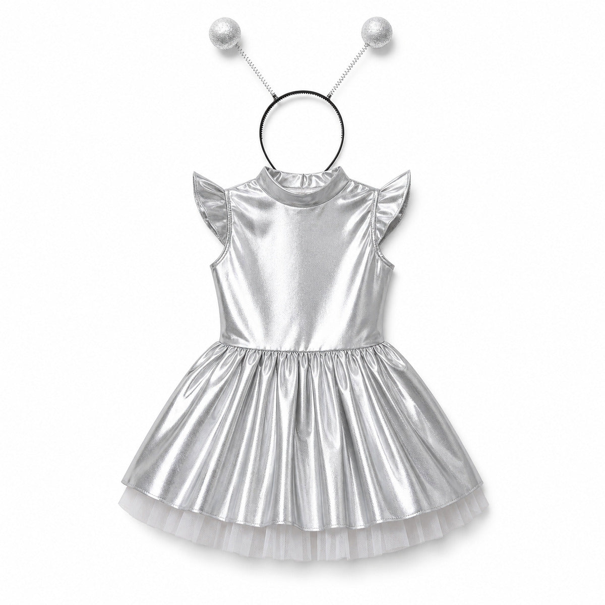 Children Girls Shiny Halloween Alien Cosplay Fancy Costume Space Robot Astronaut Galaxy Warrior Dress Up Leotards Tutu Dress - Color:Silver A