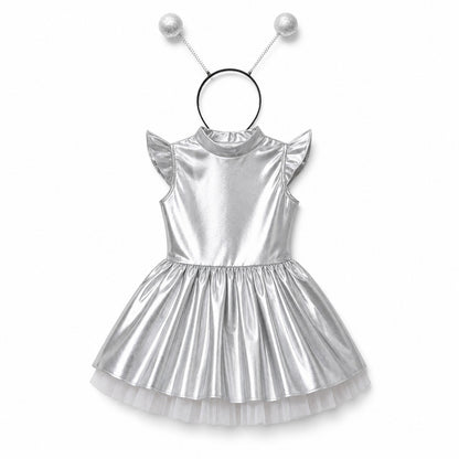 Children Girls Shiny Halloween Alien Cosplay Fancy Costume Space Robot Astronaut Galaxy Warrior Dress Up Leotards Tutu Dress - Color:Silver A