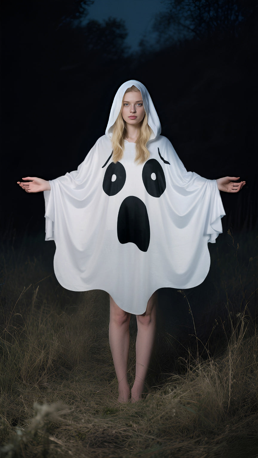 White Ghost Poncho Costume with Attached Hood