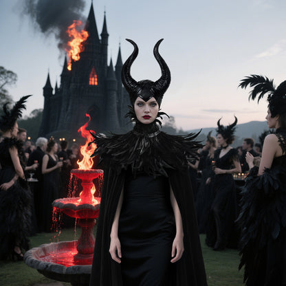 Dark-fantasy look with horn headpiece and black feather collar at an evening event