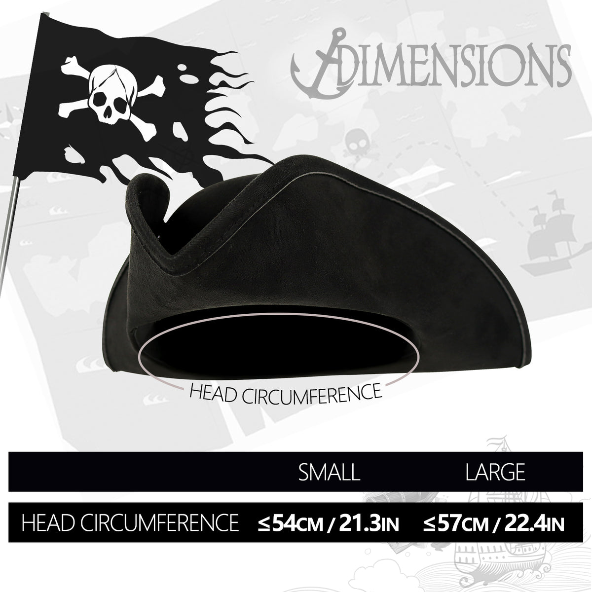 Information card showing the black hat's head circumference measurements for small and large sizes