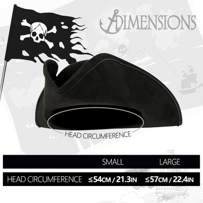 Information card showing the black hat's head circumference measurements for small and large sizes
