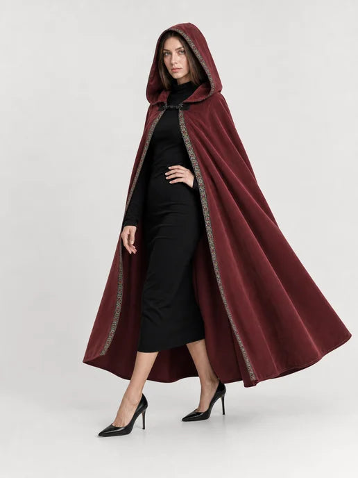 Carnival burgundy hooded cloak with trim